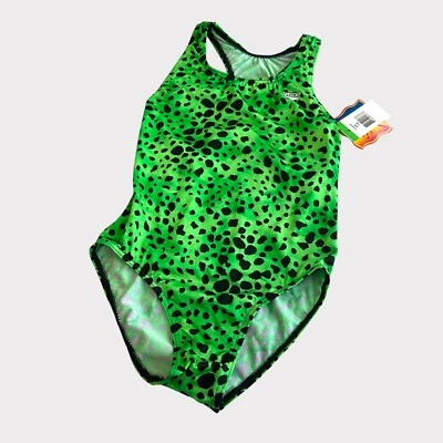 Vintage Años 90 Niñas Speedo Leopardo Guepardo Animal Estampado Verde Lima Negro Athele Foto 1 de 4