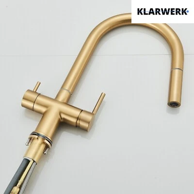 KLARWERK Premium Gold (matt) 3 Wege Filterarmatur ausziehbar/ Wasserhahn Edelstahl "JANA"