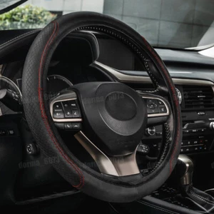 Black & Red Leather Car Steering Wheel Cover for Good Grip Auto Accessories 15" - Picture 1 of 9