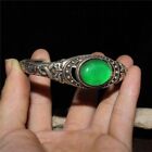 Chinese Old Craft Made Green Jade Inlaid Old Tibetan Silver Bracelet