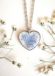 Handmade forget me not necklace real pressed flower jewellery UK Christmas gift