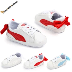 Girl Classic Sports Sneakers Soft Sole Red Blue Bow Ages 0-18 Months Sizes 1 2 3 - Picture 1 of 24
