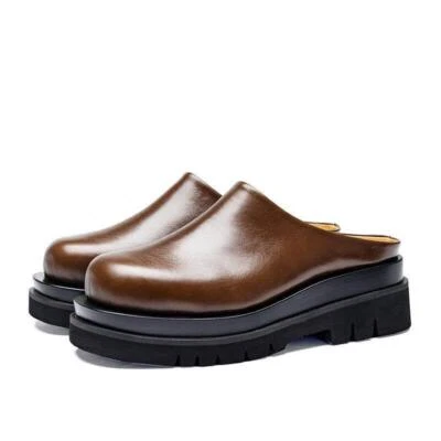 Men's Leather Slippers Round Toe Sandals Block Heels Platform Casual Party Dress - Image 1 of 4