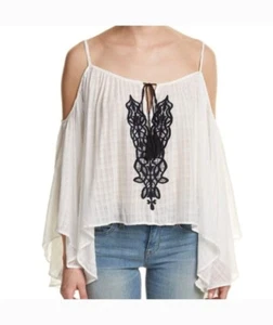 Vintage Havanna weiß Cold Shoulder Damen Gr. L Boho bestickt weich hauchdünn Top - Bild 1 von 10