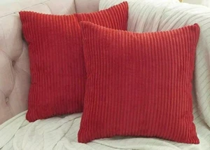PAIR RUST RED CHENILLE CORDUROY STRIPE PLUSH PILLOW COVERS 26x26 - Picture 1 of 2