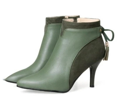 Mujeres Borla Gamuza Cuero Botines Punta Punta Punta Punta Vestido Tacón Alto Zapatos Moda Foto 1 de 4