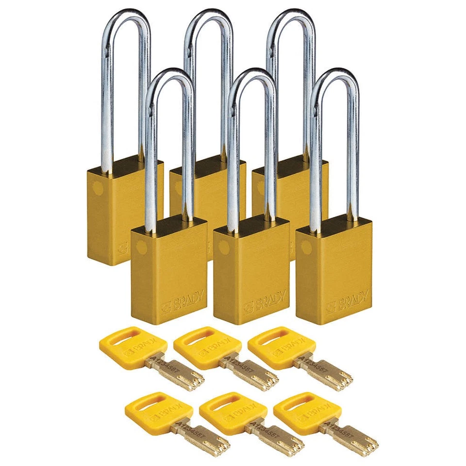 BRADY ALU-YLW-76ST-KD6PK Lockout Padlock,Yellow,1-1/2" W Body,PK6 55JZ24 - Image 1 of 1