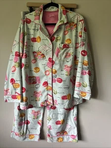 Nick & Nora Cotton Flannel Pajamas Women's Size L JE T'AIME MACARONS Macaroons - Picture 1 of 9