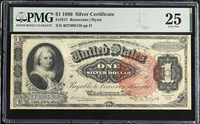 1886 Fr 217 $1 Silver Dollar Martha Bill Red Seal Paper Money Note PMG VF25 - Image 1 of 2