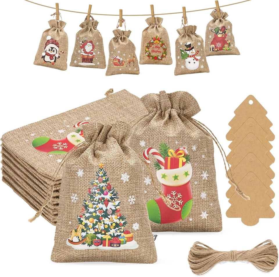 24 Stück Groß Adventskalender Jutesäckchen 13x18CM Weihnachten Jutesäcke - Bild 1 von 4