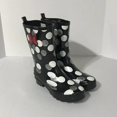 Disney Minnie Mouse Adult Rain Boots Black White Grey With Red Bow Sz 10 US Foto 1 de 4