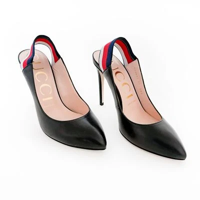 Gucci Sylvie Web Stripe Slingback Pumps EU 37 US 7 Black Pointed Toe High Heels - Image 1 of 4