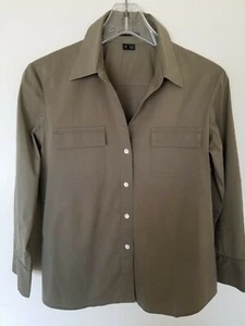 THEORY LUXE Button Down Stretch Shirt, Size Small, Safari Green, 3/4 Sleeve, EUC - Picture 1 of 6