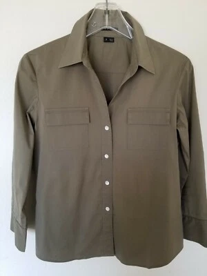 THEORY LUXE Button Down Stretch Shirt, Size Small, Safari Green, 3/4 Sleeve, EUC - Image 1 of 4
