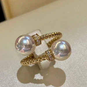 Double Round Pearl Ring Twisted Gold color Adjustable Size Open Ring for Women - Picture 1 of 8