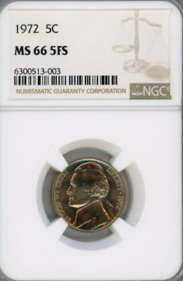 1972 Jefferson Nickel 5c NGC  MS 66 FS Pleasing light gold toning - Image 1 of 2