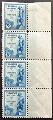 US 1933 Scott # 734 Strip of 4 MH OG General Tadeusz Kosciuszko Polish Soldier - Image 1 of 2