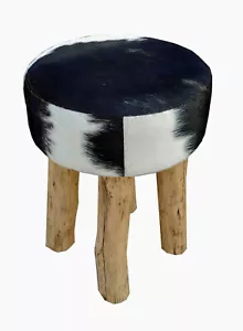 IVY Round Stool in Black & White Cow Hide with Rustic Wood Legs - Picture 1 of 4