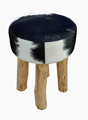 IVY Round Stool in Black & White Cow Hide with Rustic Wood Legs - Image 1 of 4