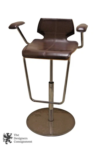 Italian Bentwood Bar Stool Brown Leather Adjustable Seat Chrome Salon Chair 70s Cover