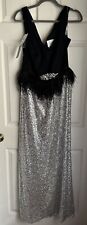 SIGNATURE ALFRED ANGELO Plus Size 18W Black Silver Feather Long Dress Formal