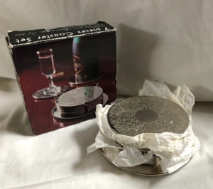 VINTAGE Set of 6 Silver Plated Engraved Ornate Coasters in Stand NEW - Picture 1 of 4