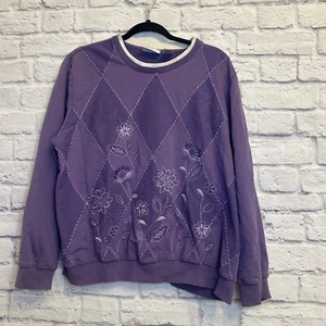 Alfred Dunner Sweatshirt bestickt Blumen lila Rautenmuster XL - Bild 1 von 7