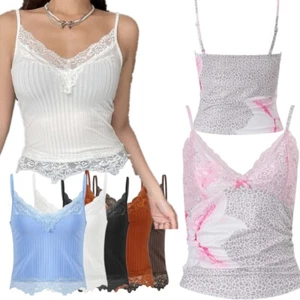 Womens Leopard Print Vest Floral Lace Crop Camisole V Neck Backless Crop Top - Picture 1 of 64