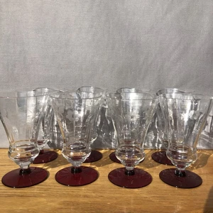 8 Vtg Hand Blown Clear Optic Cut Crystal Iced Tea Glass Ruby Red Foot Floral Cut - Picture 1 of 10