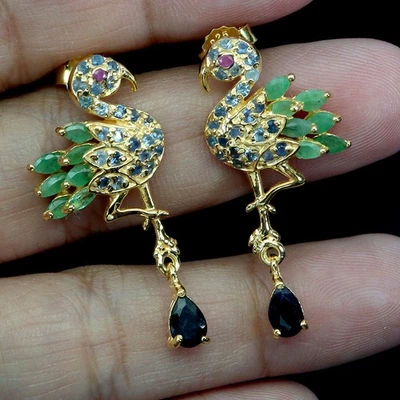 925 Sterling Silver Earrings Pear Sapphire 6x4mm Emerald Ruby Gemstone Jewelry - Image 1 of 4