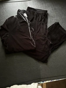 Koret Vintage Black Velvet Lush Rhinestone 1/4 Zip Track Suit Cozy Set Womens L - Picture 1 of 14