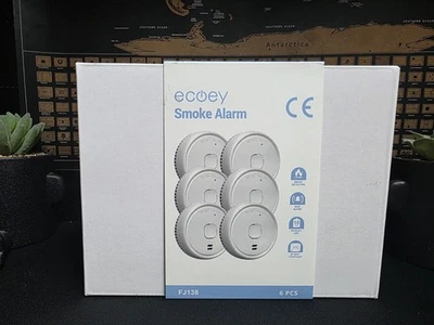 Ecoey FJ138 Smoke Alarm Detector 6 Pack Photoelectric with 9V Battery White