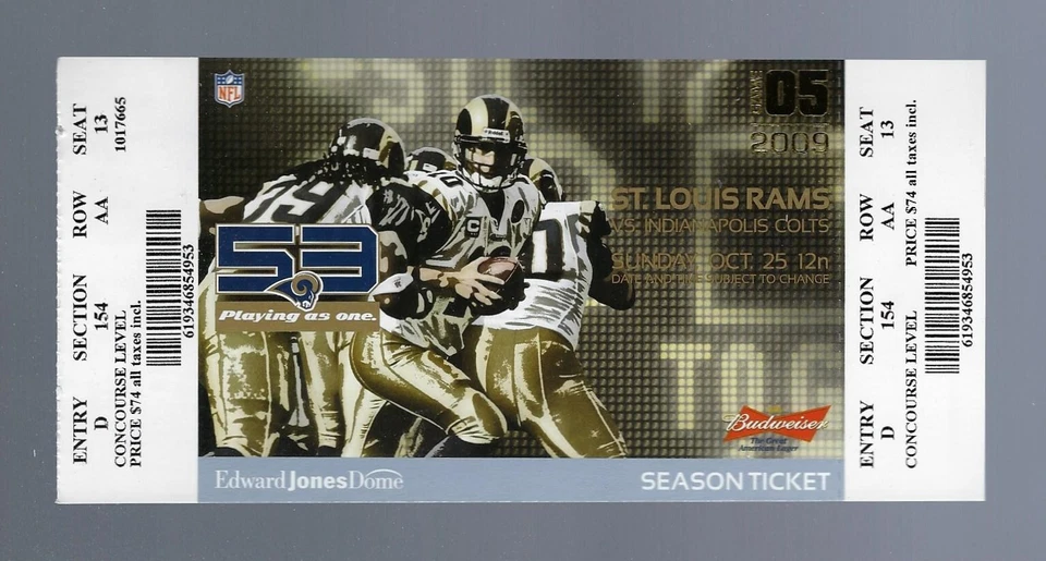 2009 PEYTON MANNING 3989th COMPLETION PASSES WARREN MOON COLTS RAMS FULL TICKET - Image 1 of 1