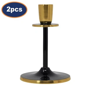 Candlestick Set of 2 Black Gold Metal Taper Candle Holder Table Centrepiece 15cm - Picture 1 of 3