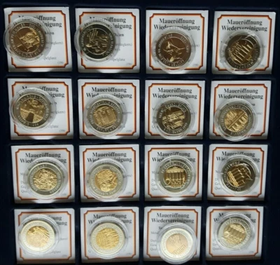 Mauerfall - Wiedervereinigung: 16 Medaillen in 2-Euro-Größe, Stgl., gekapselt. - Bild 1 von 3