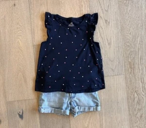 H&M Polka Dot Flutter Sleeve Top & Carter’s Light Wash Denim Shorts Girls Size 4 - Picture 1 of 18