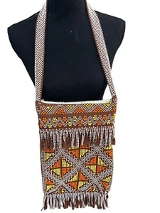 Vintage 1970's BOHO Hippy Groovy Plastic Beaded Fringe Shoulder Bag/Purse - Picture 1 of 5