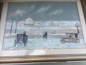 TEMPERA SU CARTONE PANORAMA DI ROMA SOTTO LA NEVE MILLER anni '40 IN CORNICE - Foto 1 di 12