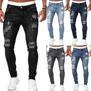 Streetwear Ripped Skinny Jeans Men Fashion Men's Trousers Vintage Wash Denim - Picture 1 of 17