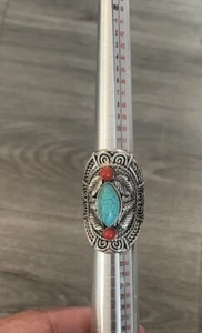 Large Beautiful Tibet Exotic Tribal Turquoise & Coral Silver Adjustable Ring - Picture 1 of 5