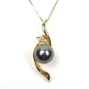 Colgante redondo perla negra tahitiana de 8-8,5 mm en oro amarillo de 14 K y diamante genuino - Imagen 1 de 2