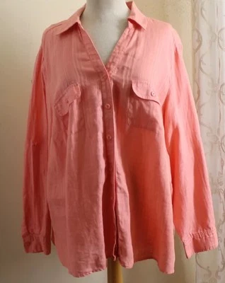 Studio Works Sz 3X Elegant Plaid Pink Artsy 100% Linen V-Neck Blouse Shirt Top  - Image 1 of 4
