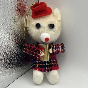 Vintage 60er anthropomorpher beflockter Bär liest Weihnachtsschmuck Filzstoff - Bild 1 von 5