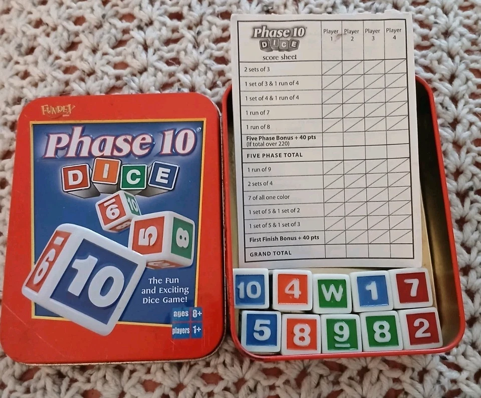 2004 Fundex Phase 10 Dice Game With Score Sheets And Storage Tin Good Condition  - Image 1 of 1