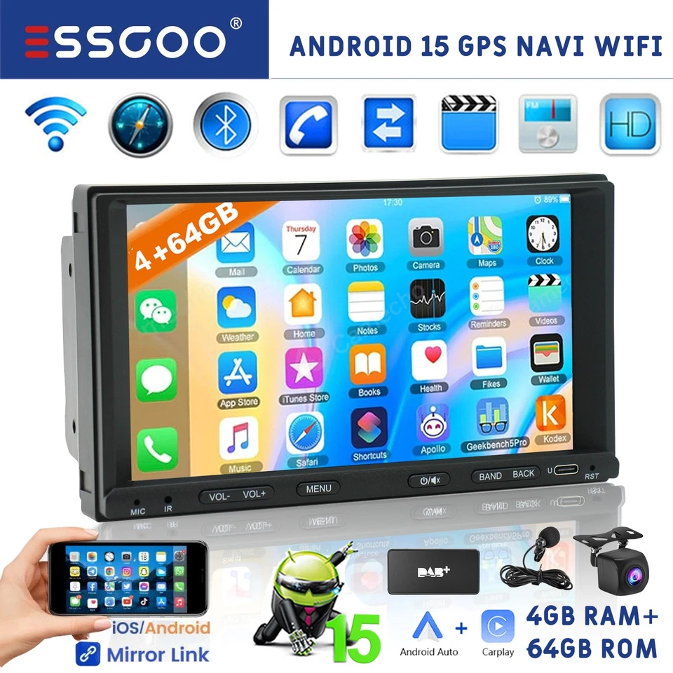2DIN DAB 4+64G Autoradio Android15 Wireless Carplay GPS NAVI Touchscreen USB RDS - Bild 1 von 4