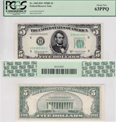1950-D $5 Federal Reserve Note St. Louis District Star FR 1965-H* PCGS 63PPQ - Image 1 of 4