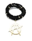 Mens Hip Hop Anarchy Goth Punk Pendant & 30" Wooden Bead Necklace Gold Plated