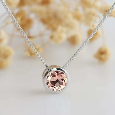 2 Ct Simulated Bezel Morganite Solitaire Pendant Necklace White Gold Plated 925 - Image 1 of 4