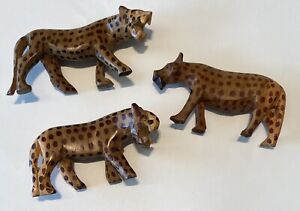 Lot or 3 Hand Carved Wooden Jaguar Leopard Spotted Cat Figurine Approx 2.5X4.5"