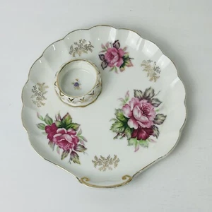 Lenwile Ardalt Red Pink Floral Shell Snack Plate w Gold Trim 9869 - Picture 1 of 7